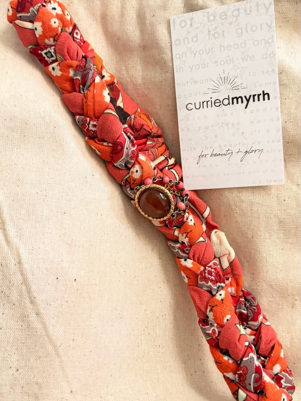 Curried Myrrh Orange Floral Braided Headband with Amber Gemstone NWT ✨✨👑